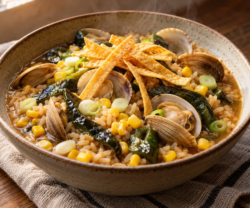 Arroz caldoso de almejas con rajas y elote
