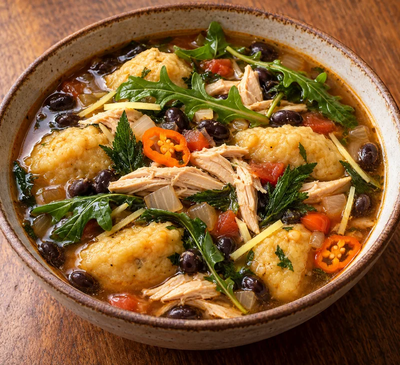 Caldo de joroches con pollo, soya y arúgula