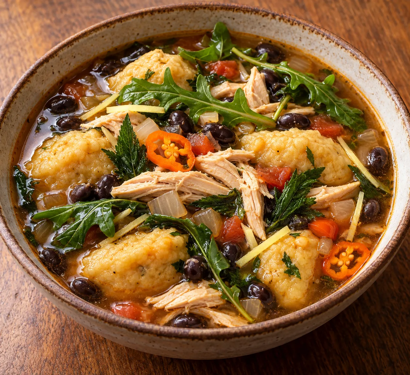 Caldo de joroches con pollo, soya y arúgula