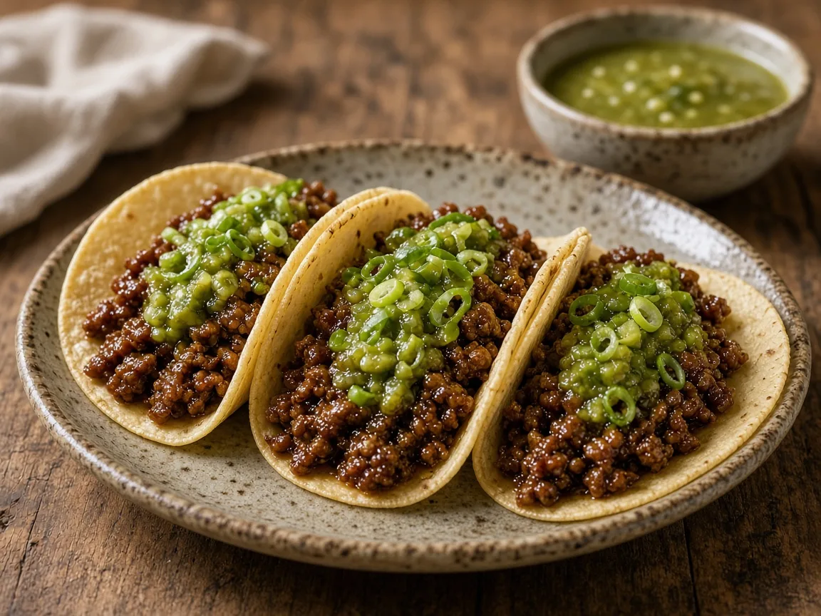 Tacos de res dulce-salados con salsa verde