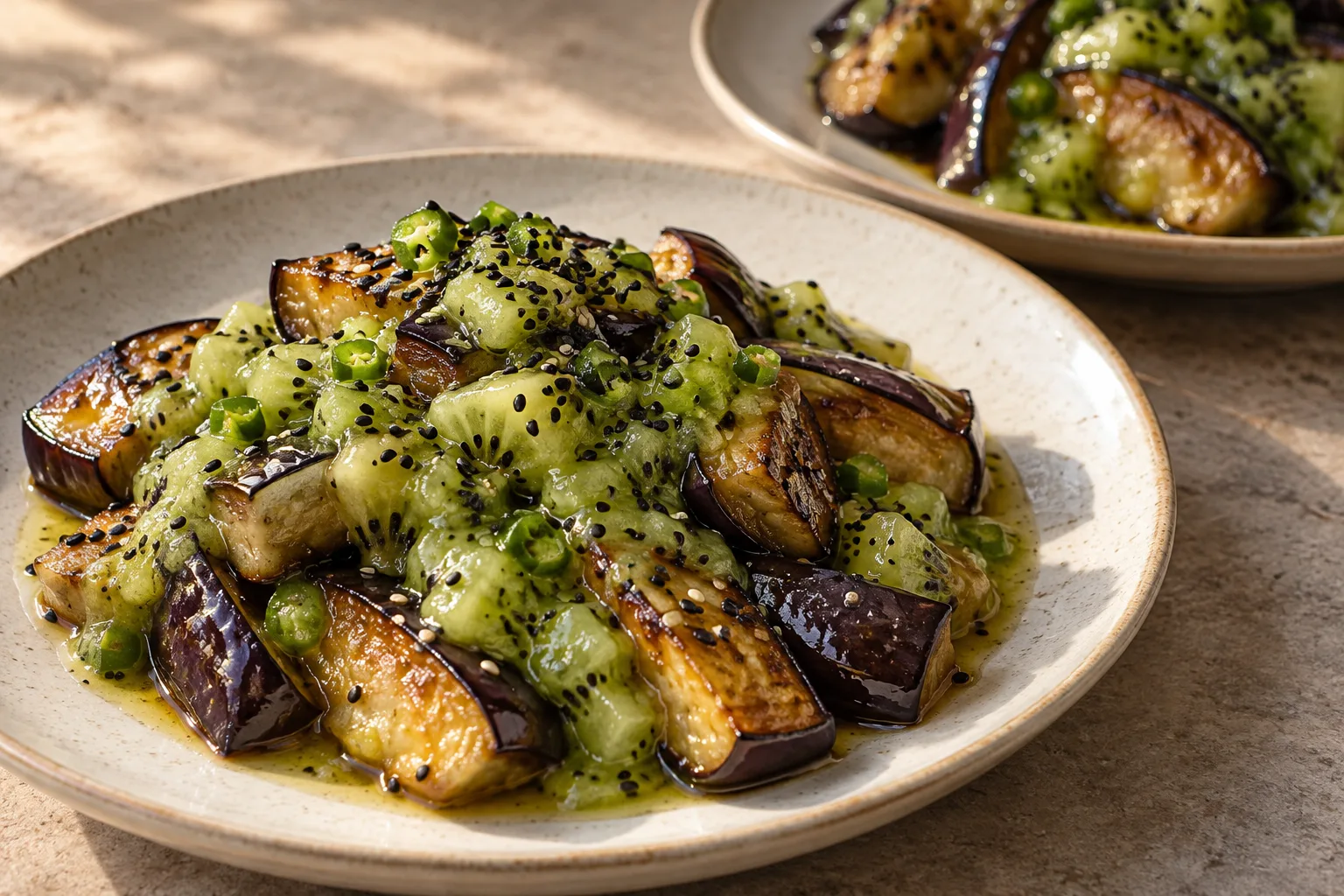 Berenjena salteada con salsa de kiwi y ajonjolí