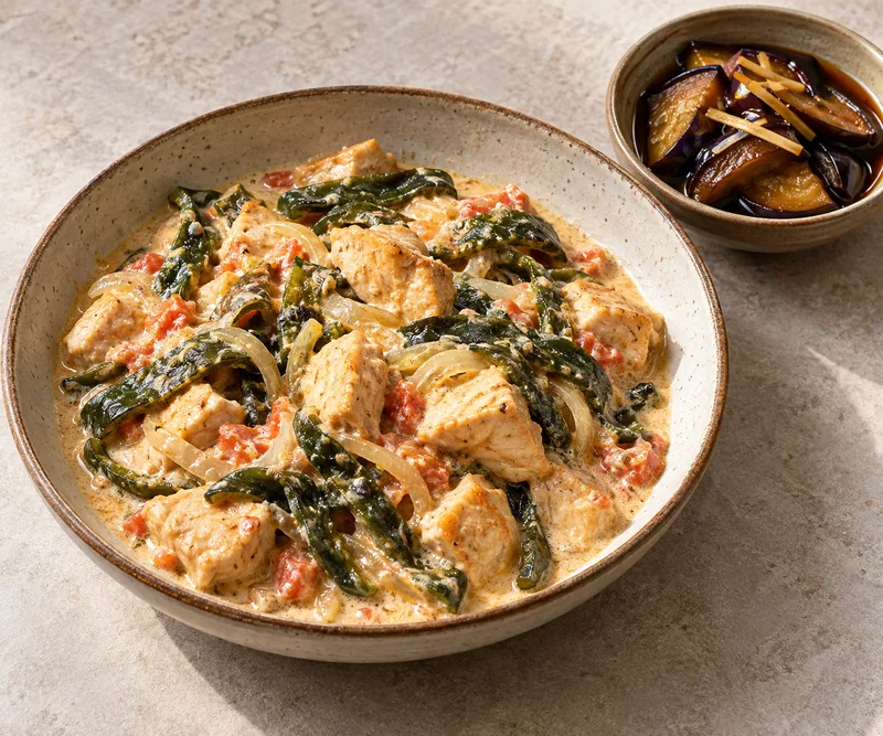 Pollo a la crema con rajas y berenjena en curtido rápido
