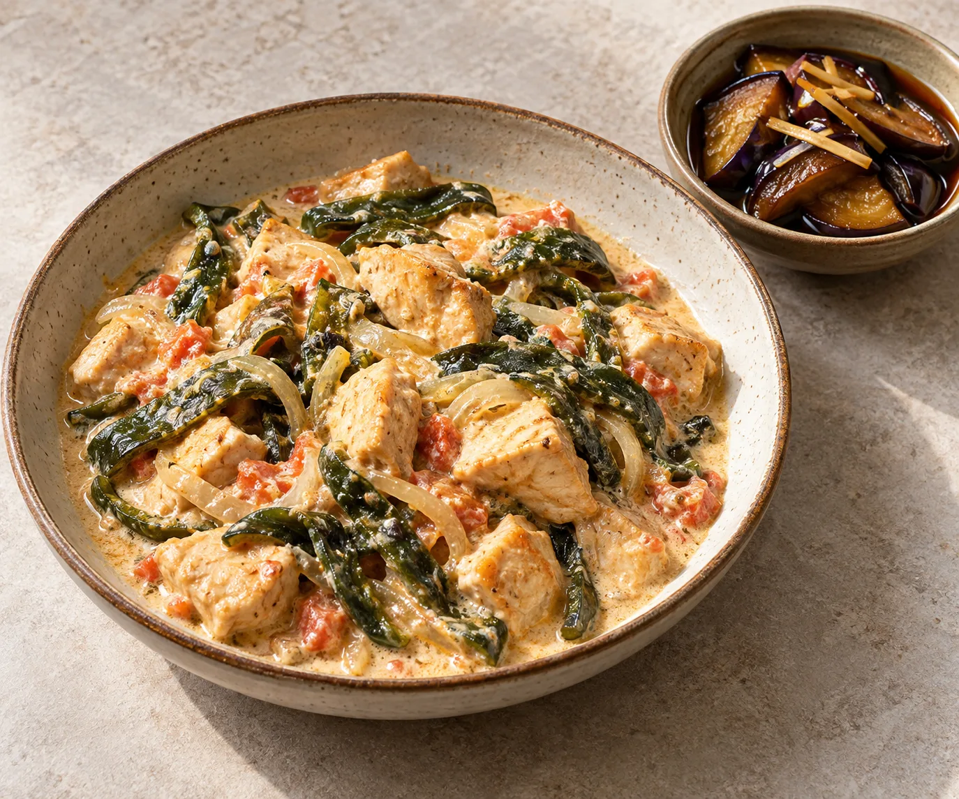 Pollo a la crema con rajas y berenjena en curtido rápido