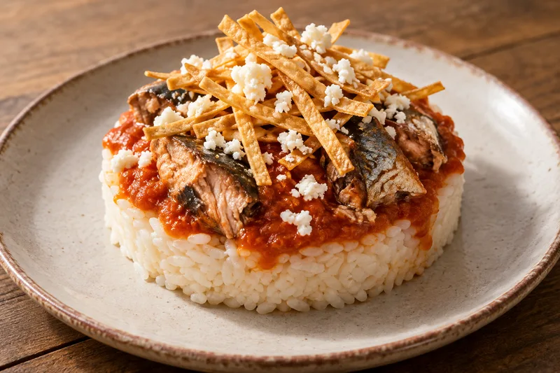 Arroz prensado con sardina y salsa roja
