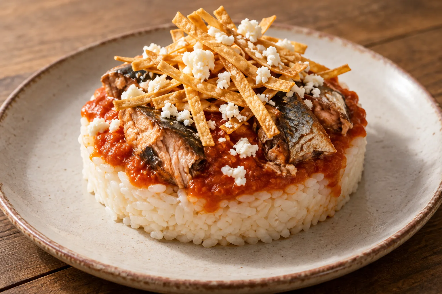 Arroz prensado con sardina y salsa roja