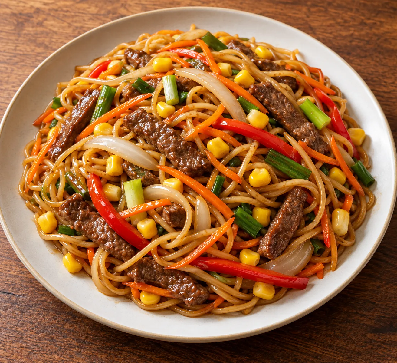 Fideos salteados con res, elote y chile dulce