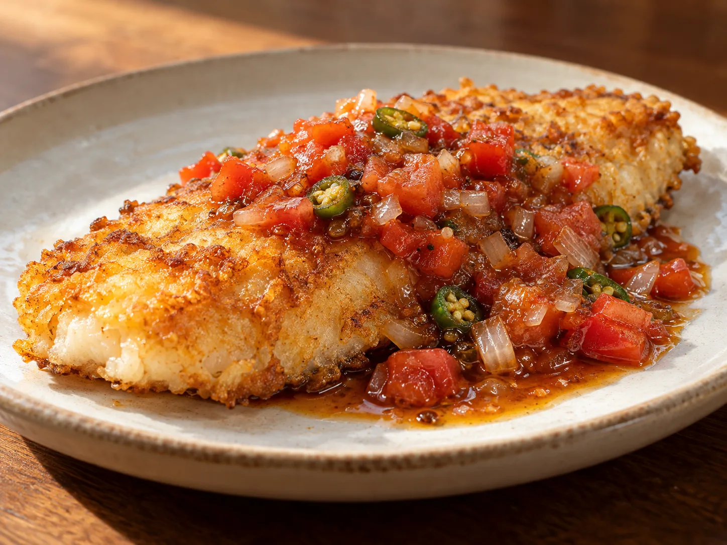 Pescado crujiente con salsa de jitomate y chile