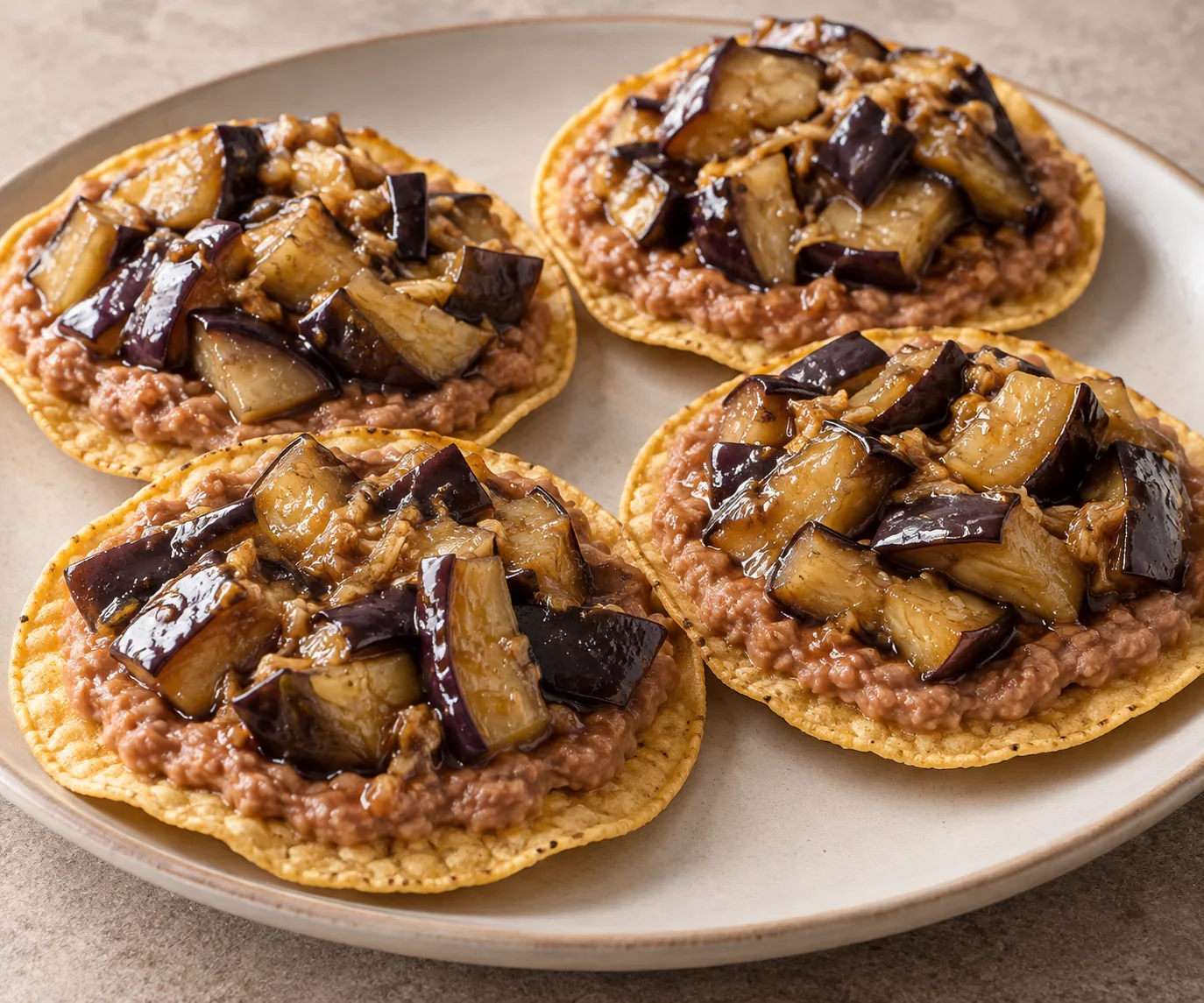 Tostaditas de berenjena salada y frijol con soya