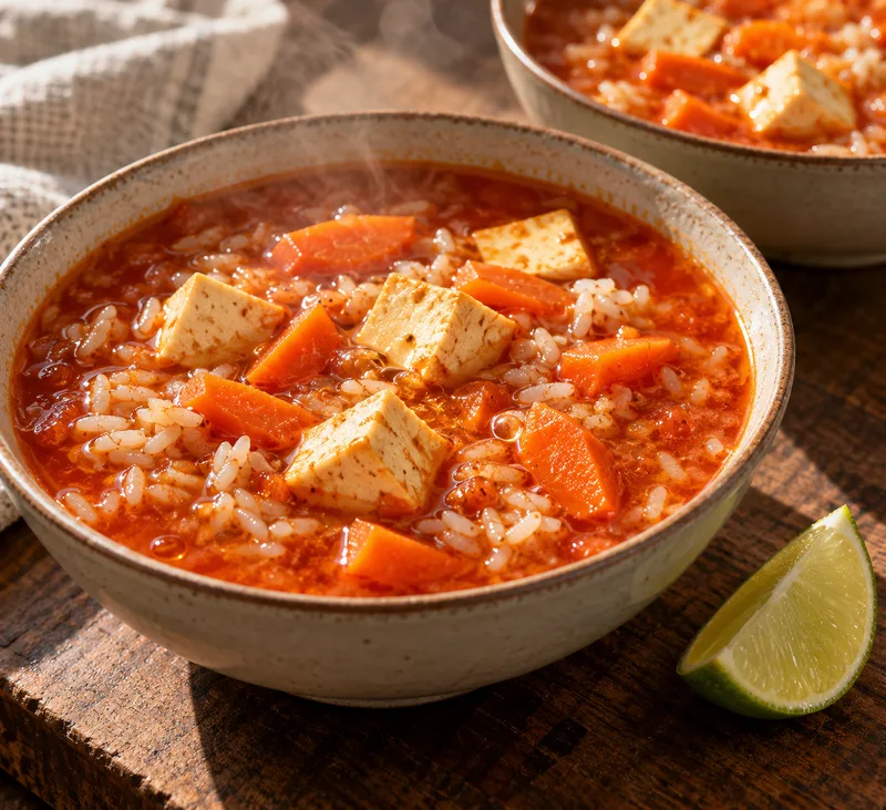 Caldo rojo de chipotle con tofu y arroz
