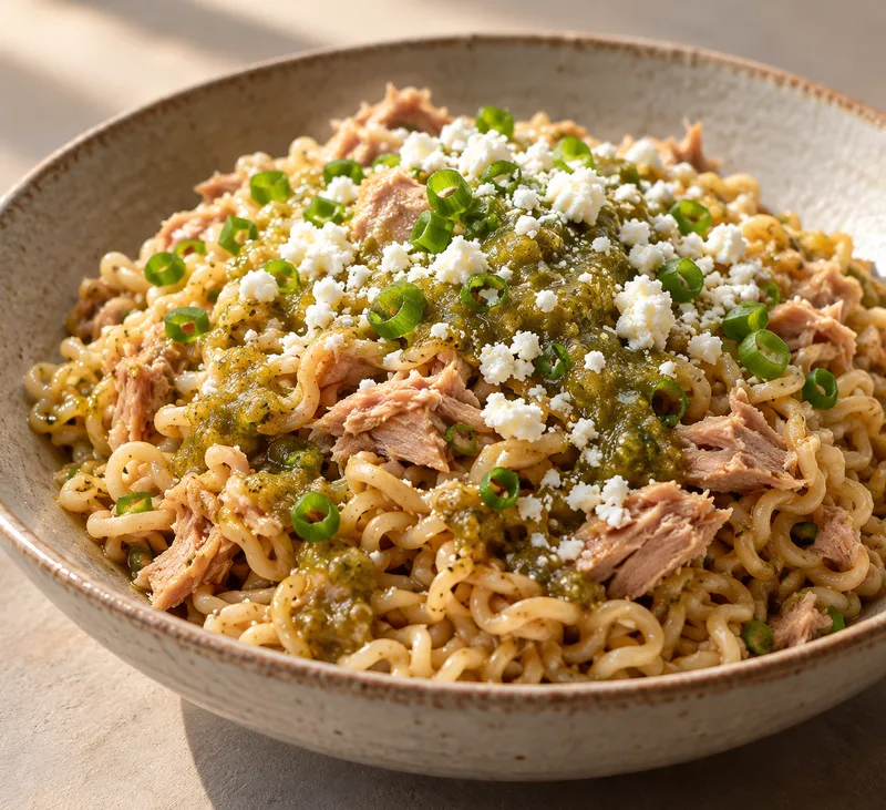 Fideos salteados con salsa verde, atún y cotija