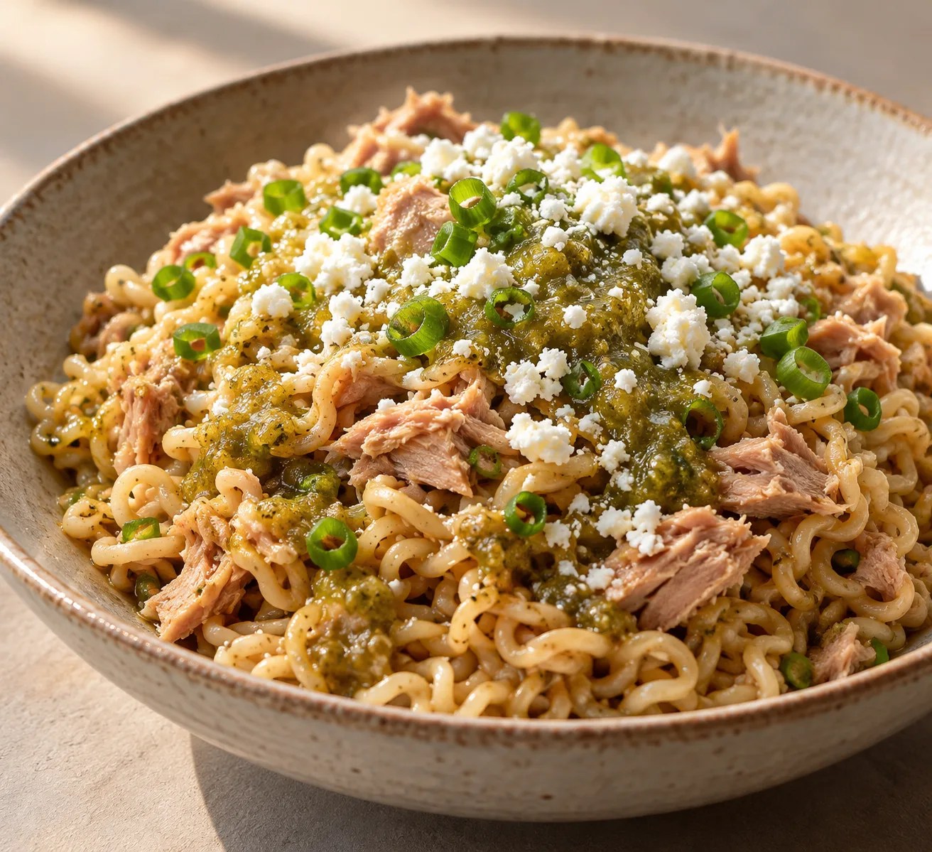Fideos salteados con salsa verde, atún y cotija