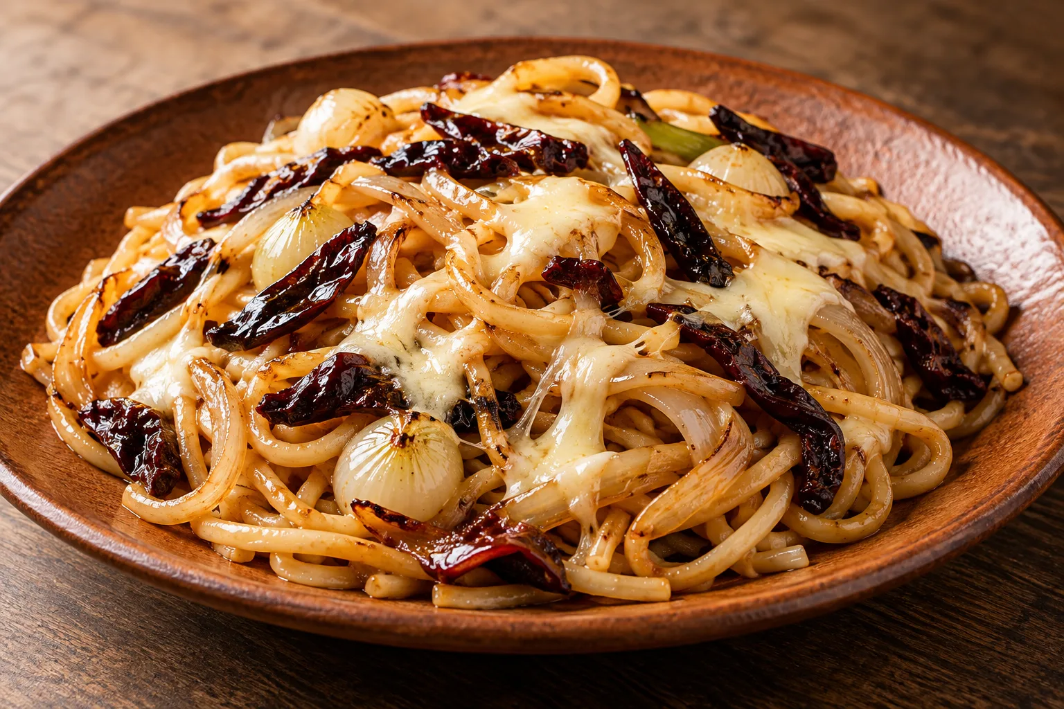 Fideos salteados con chile pasado y queso asadero