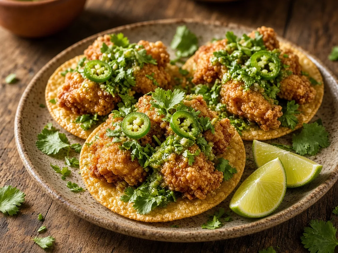 Tostadas crujientes de pollo con chile y limón