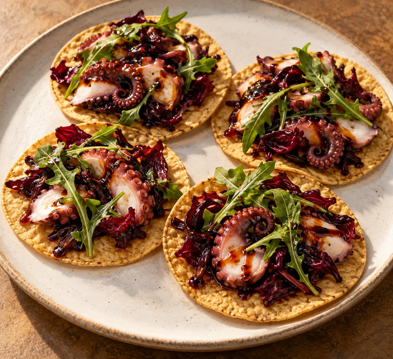 Tostadas de pulpo con jamaica y salsa de soya