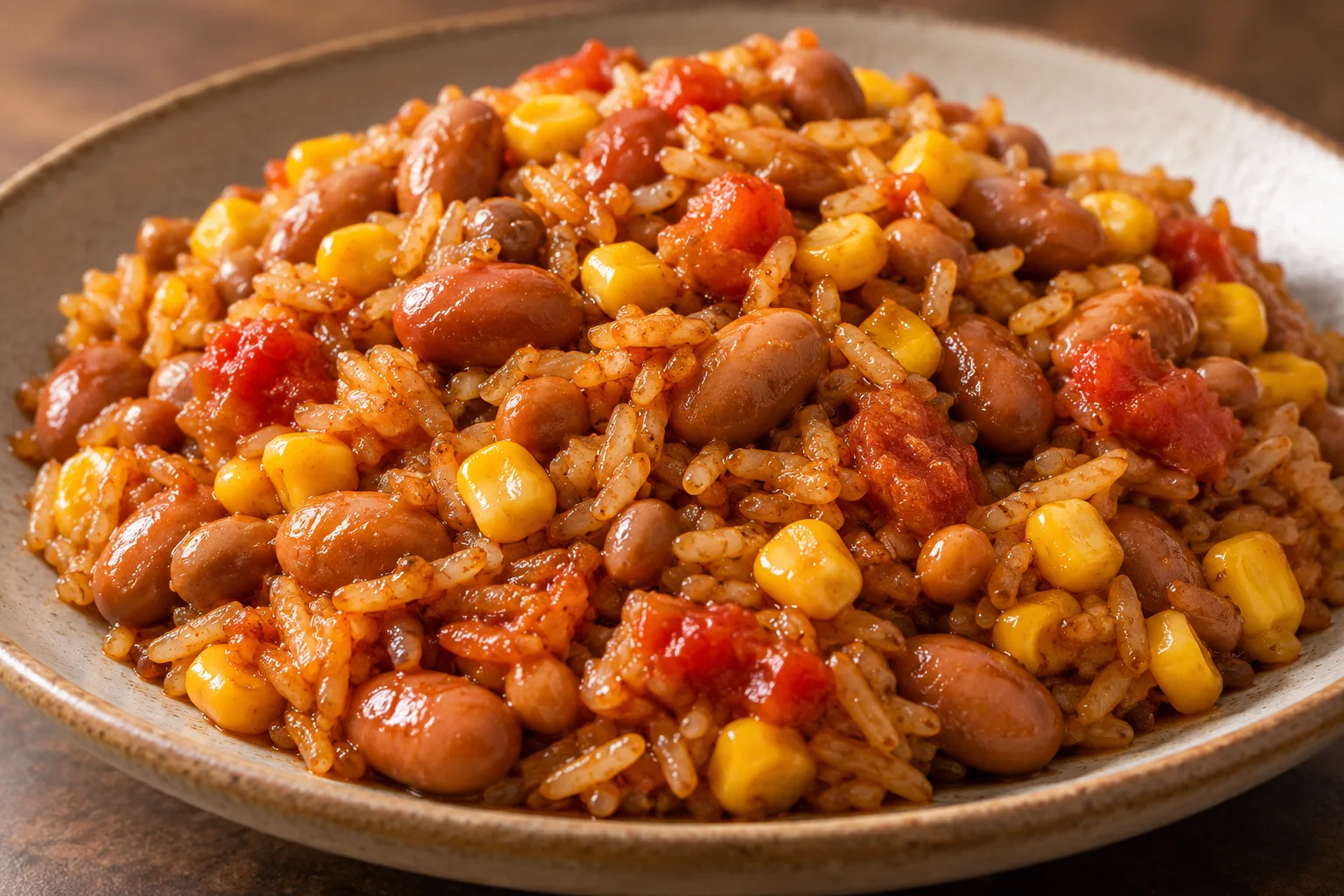 Arroz de elote y frijoles con glaseado dulce de soya