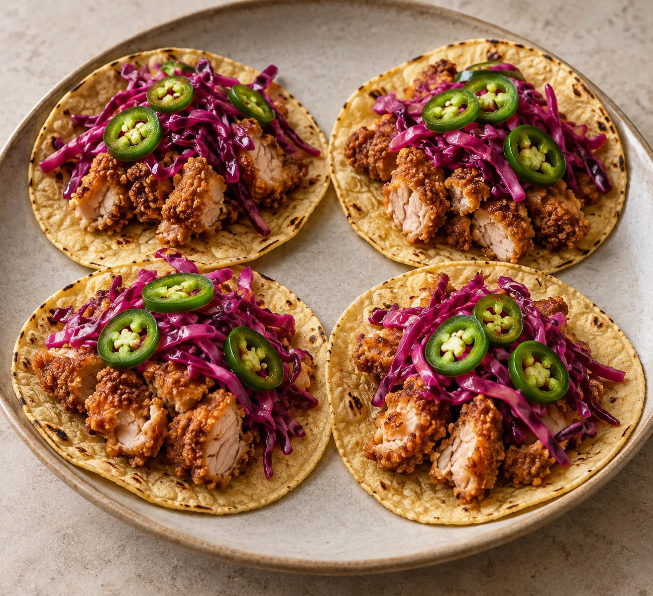 Tacos de karaage de pollo con col morada